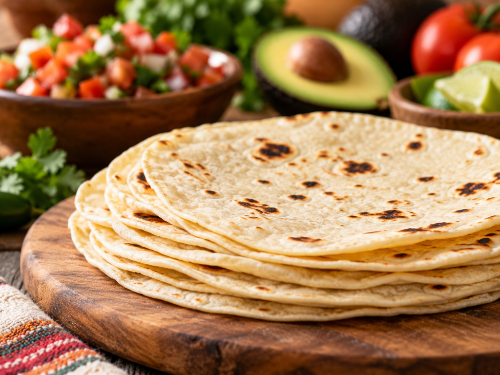 Fresh flour tortillas stacked on a wooden board with avocado and fresh vegetables in the background